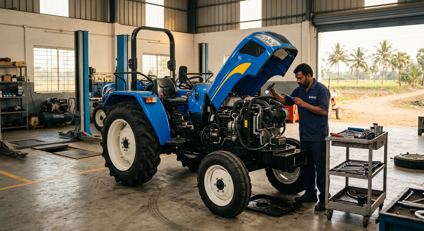 Mechanic servicing a tractor engine in the Suman Tractors workshop